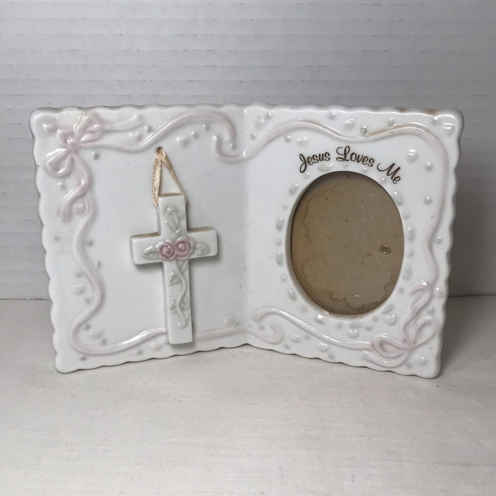 Russ Berrie White Ceramic Frame with Pink Accents and Cross